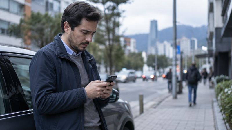 Un hombre junto a su carro escribe en el celular que no podrá llegar a su cita
