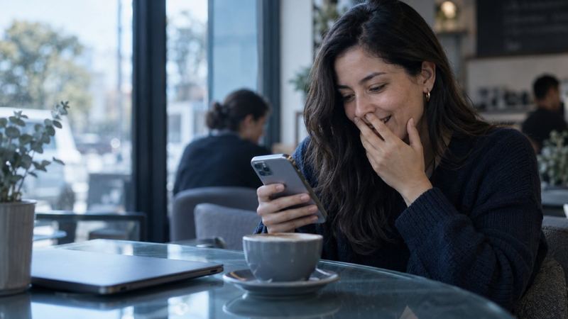 Una mujer en un café sonríe sorprendida al leer un mensaje en su celular