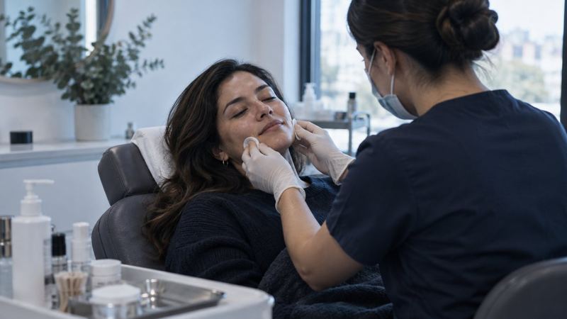 La misma mujer, recostada y tranquila, recibe su tratamiento facial en el consultorio
