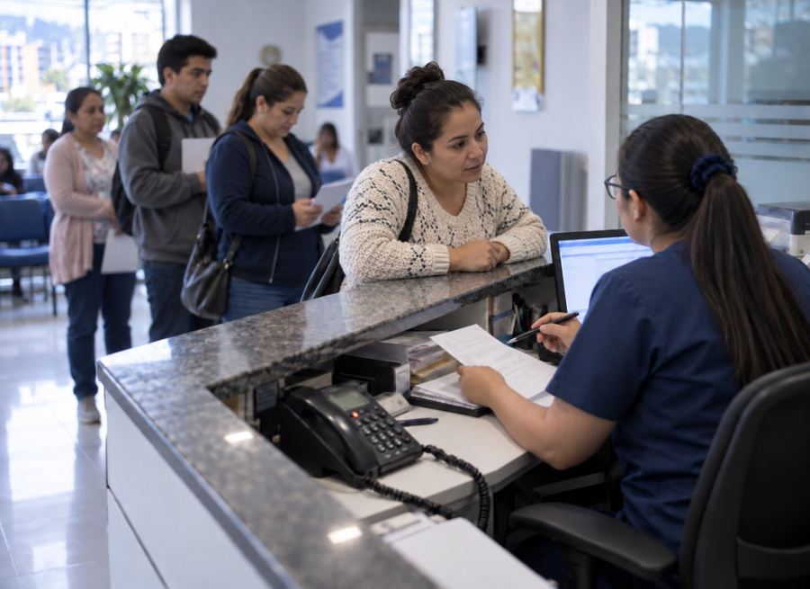 La auxiliar de una clínica atiende a una paciente en el mostrador mientras cuatro personas esperan su turno de pie