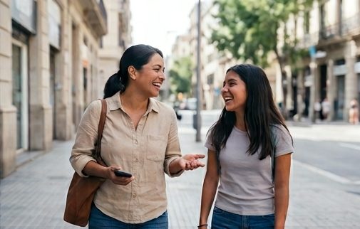 La misma dueña de negocio, de día en la calle con su hija, riendo, sin el celular en la mano