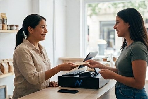 La misma dueña entregando un pedido a una clienta, sonriendo, con el celular guardado