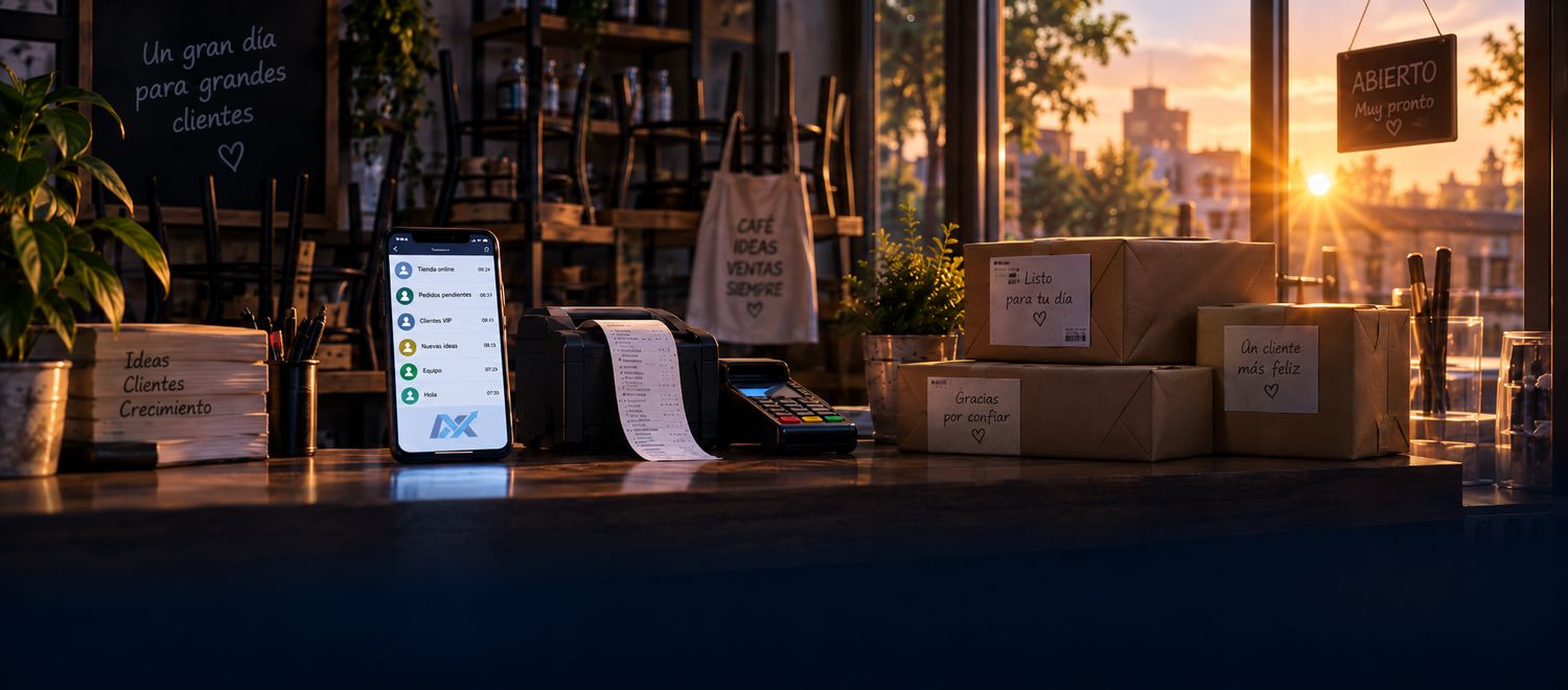 El mostrador de un negocio pequeño al amanecer: el celular con las conversaciones ya contestadas, el datáfono, la cinta del recibo y los pedidos empacados listos para salir