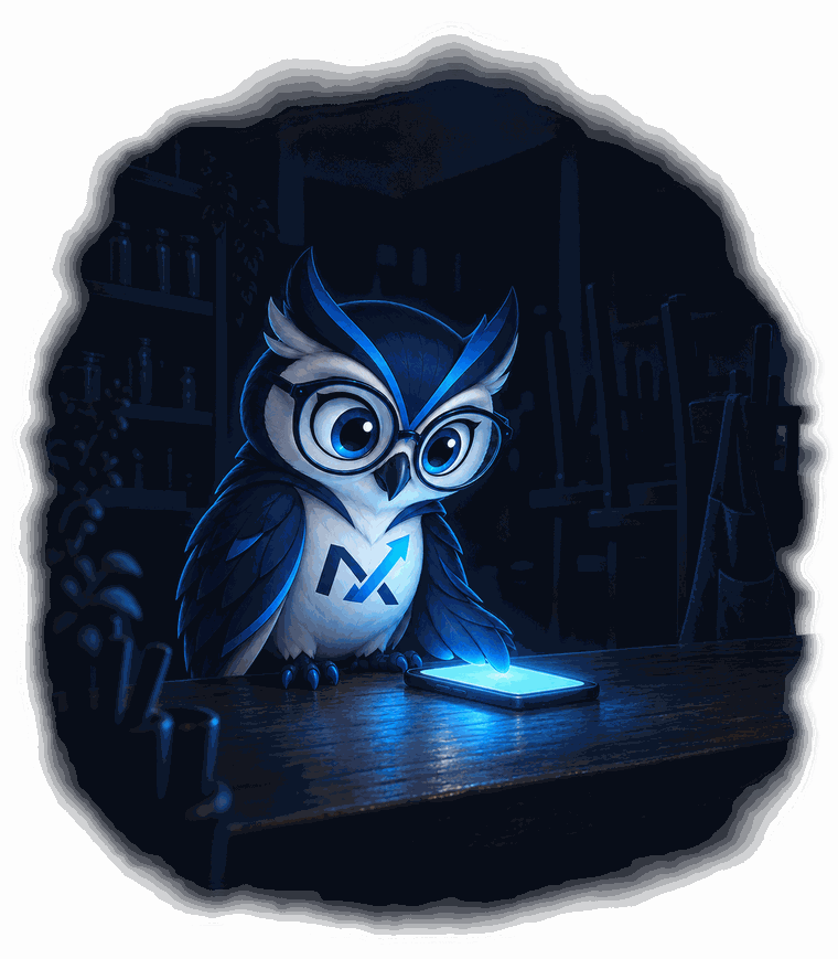 Lumen, el búho de Nextfor IA, revisando mensajes de noche en el mostrador del negocio ya cerrado, iluminado solo por la pantalla del teléfono